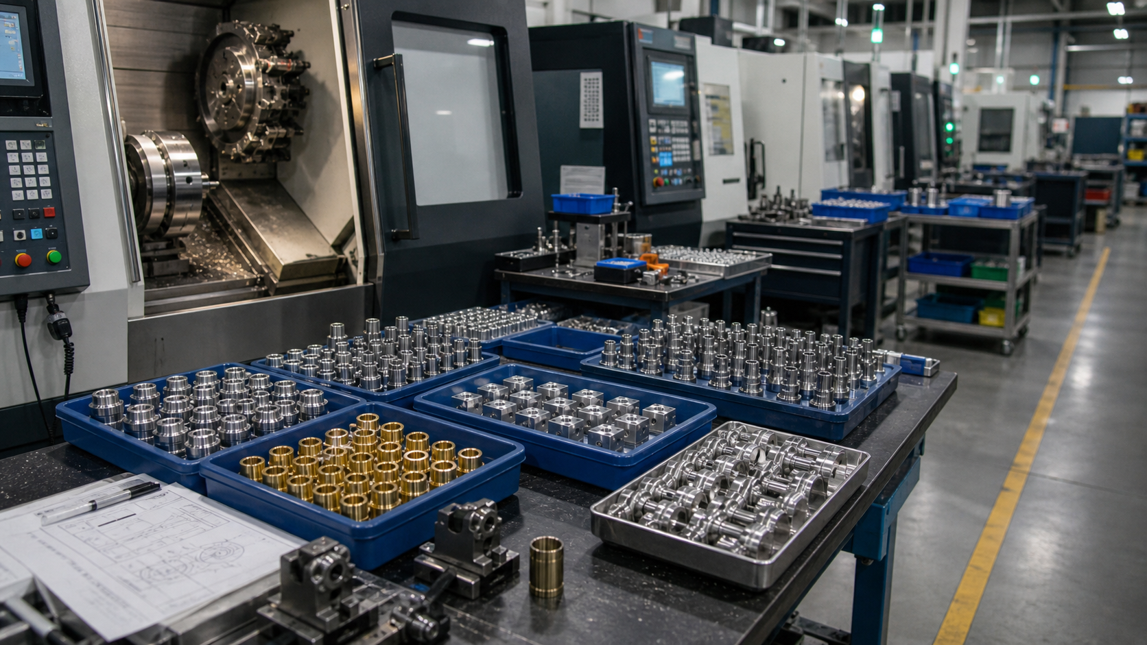 CNC machining workshop with batch trays of custom metal sensor housing parts