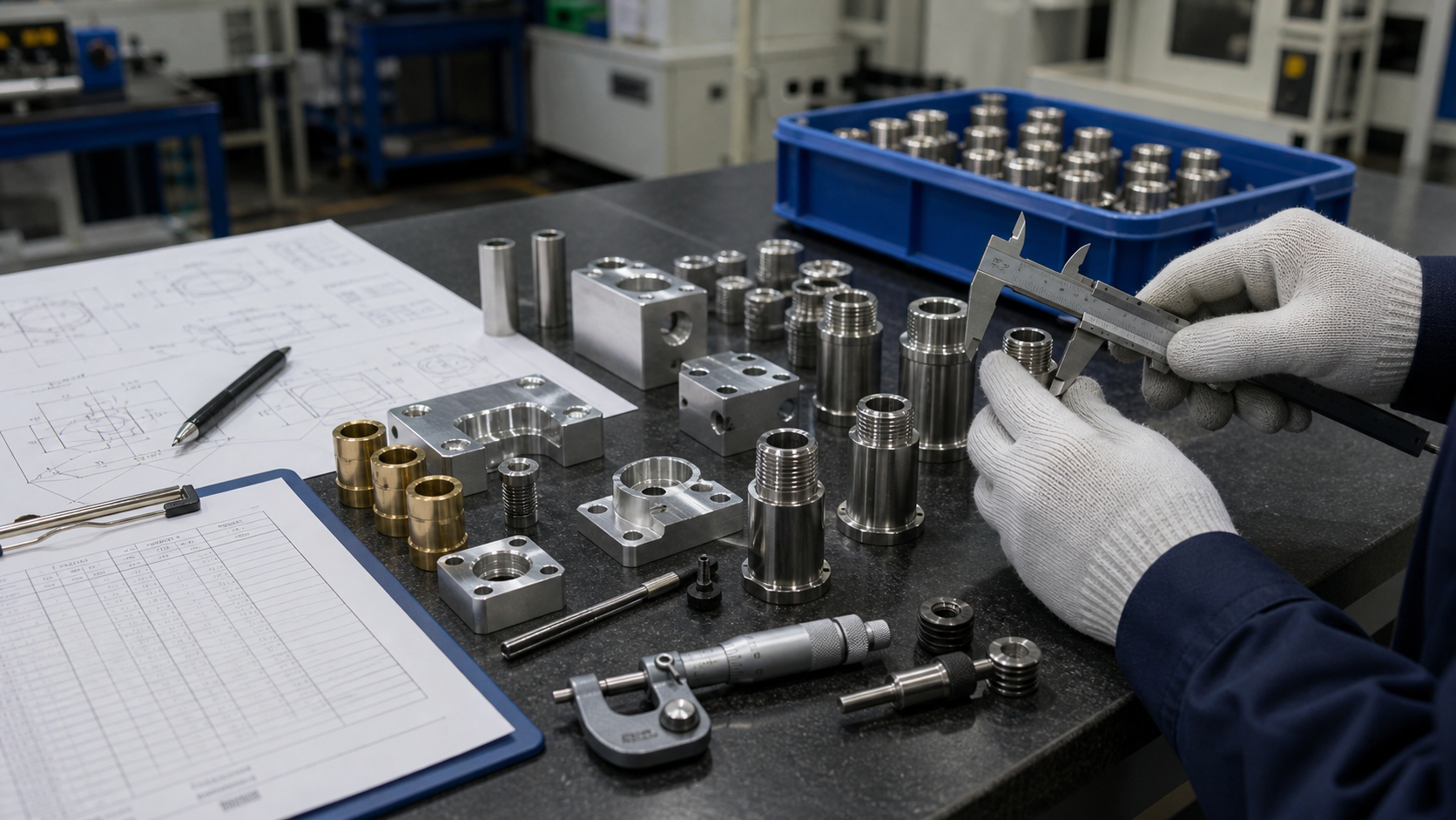 Finished metal sensor housings inspected with calipers, thread gauges, and engineering drawings